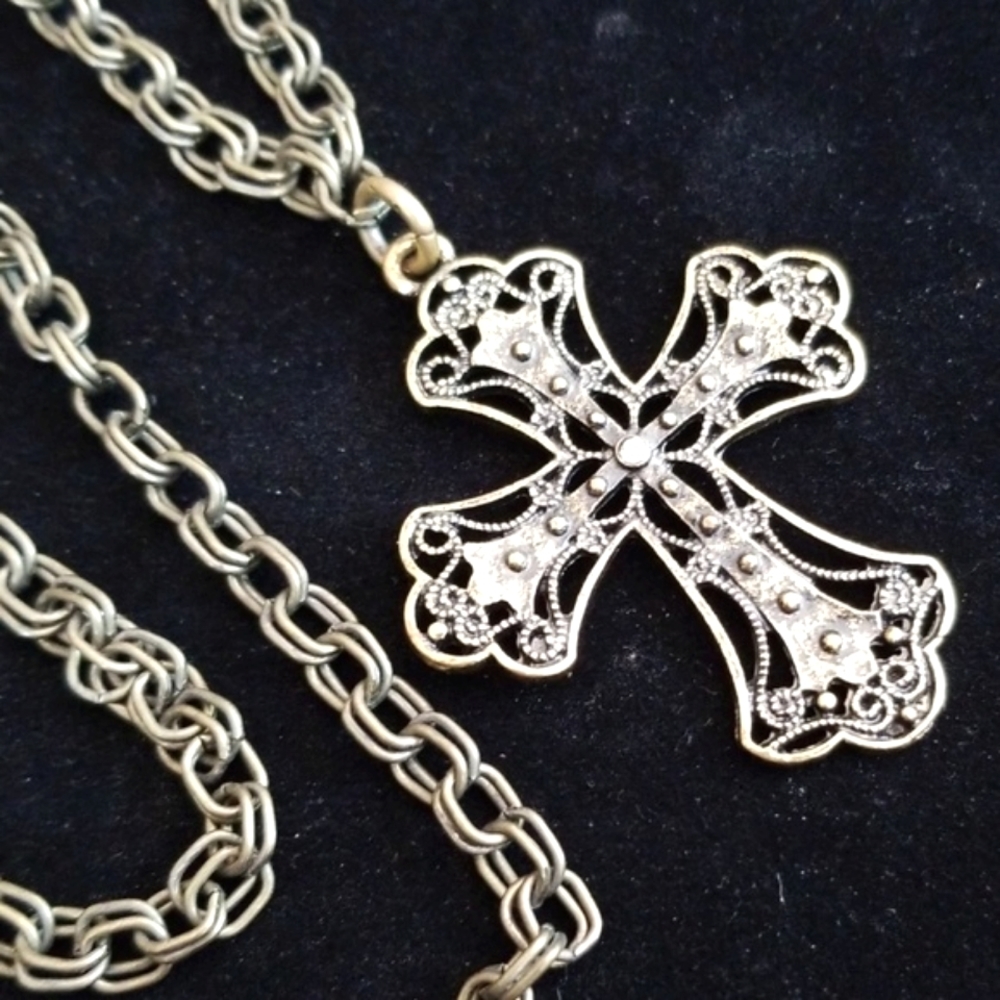 Rustic Cross Pendant Necklace Antique Goldtone Hand Crafted - Picture 7 of 10